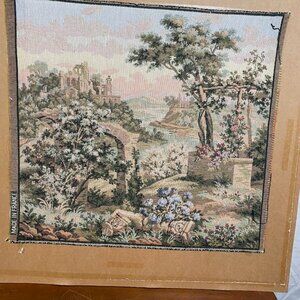 Vintage French Aubusson Jacquard Tapestry 1980s Pastels Garden Scene Goblys